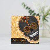 Feliz Muertos Tilted Oranje and Black Sugar Skull Kaart (Staand voorkant)