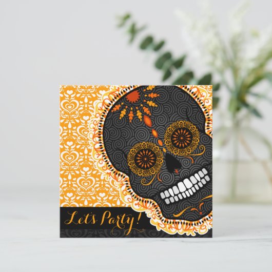 Feliz Muertos Tilted Oranje and Black Sugar Skull Kaart (Staand voorkant)