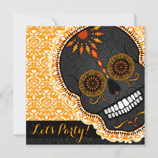 Feliz Muertos Tilted Oranje and Black Sugar Skull Kaart (Voorkant)