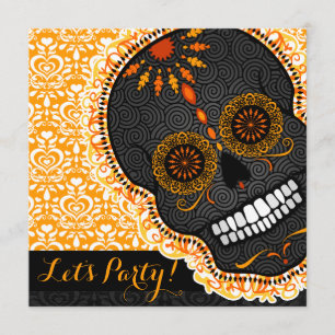 Feliz Muertos Tilted Oranje and Black Sugar Skull Kaart