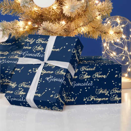Feliz Natal e Prospero Ano Novo Naam Blauwe Marine Cadeaupapier (Feestdagen)