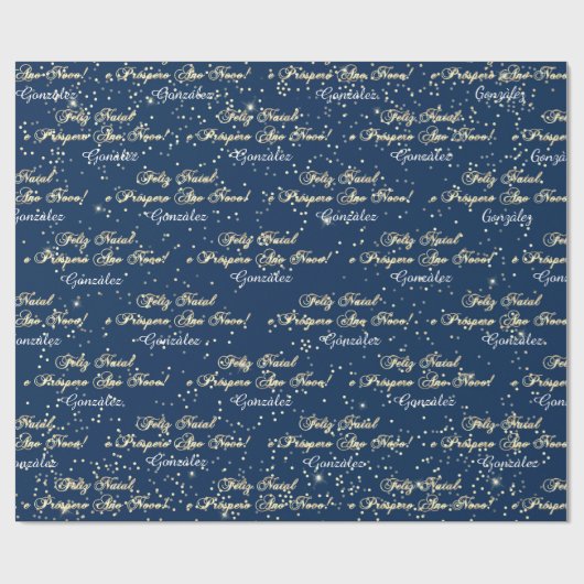 Feliz Natal e Prospero Ano Novo Naam Blauwe Marine Cadeaupapier (Vlak)