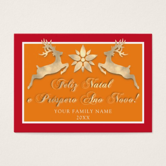 Feliz Natal e um Próspero Ano Novo Gold Red Visitekaartje (Voorkant)