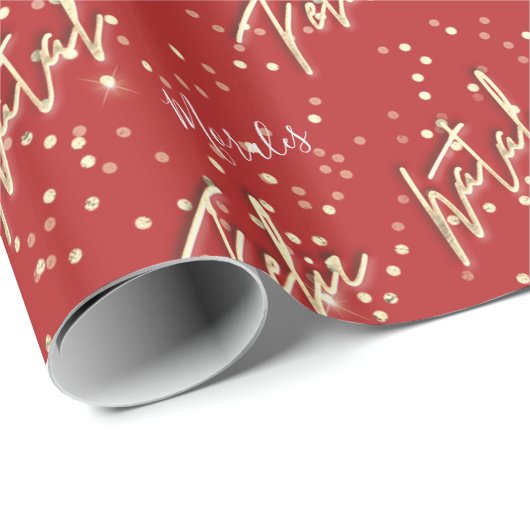 Feliz Natal Golden Script Custom Name Red Gift Cadeaupapier (Rol Hoek)