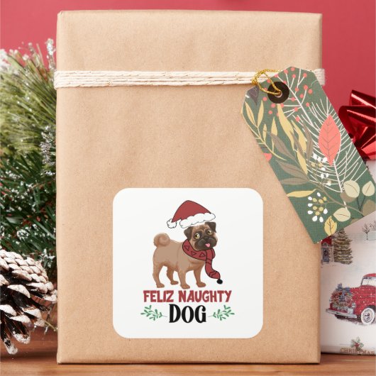 Feliz Naughty Dog Christmas Vierkante Sticker (Feestdagen)