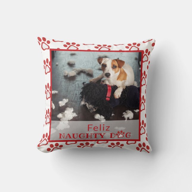 Feliz Naughty Dog Red Paw Print Pet Photo Pillow Kussen (Voorkant)