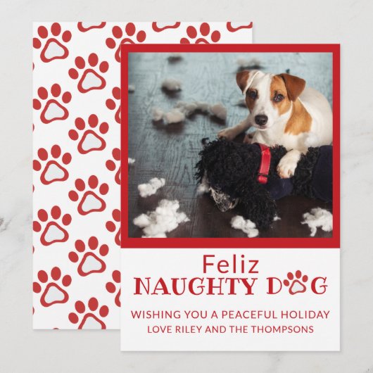 Feliz Naughty Dog Red Paw Prints Pet Photo Holiday Feestdagenkaart (Voorkant / Achterkant)
