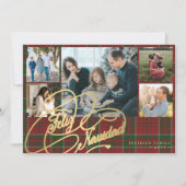 Feliz Navidad 5 foto's elegant script rode plaid Feestdagenkaart (Voorkant)