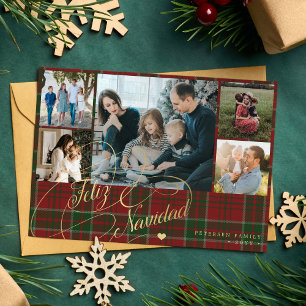 Feliz Navidad 5 foto's elegant script rode plaid Feestdagenkaart