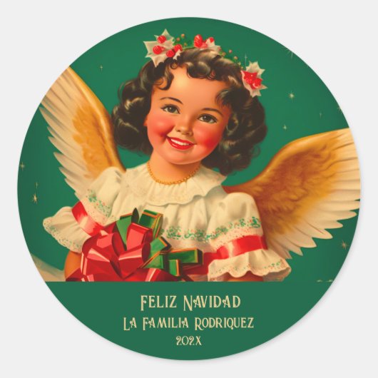 "Feliz Navidad" Angel Ronde Sticker (Voorkant)
