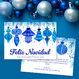 Feliz Navidad Baubles in de blauwe Waterverf famil Feestdagenkaart
