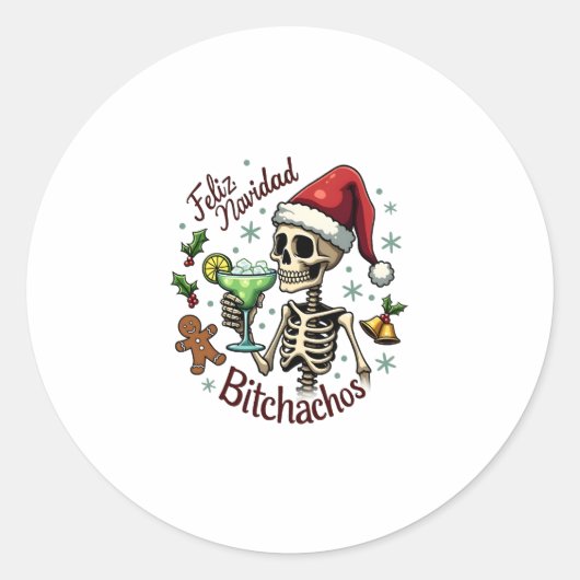 Feliz Navidad Bitchachos Funny Skull Spanish Merry Ronde Sticker (Voorkant)
