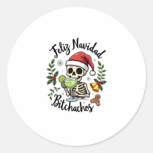 Feliz Navidad Bitchachos Funny Skull Spanish Merry Ronde Sticker (Voorkant)