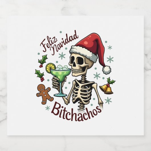 Feliz Navidad Bitchachos Funny Skull Spanish Merry Sparkling Wijnetiket (Enkel label)