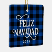 Feliz Navidad Blue Buffalo Plaid Family Photo Keramisch Ornament (Rechts)