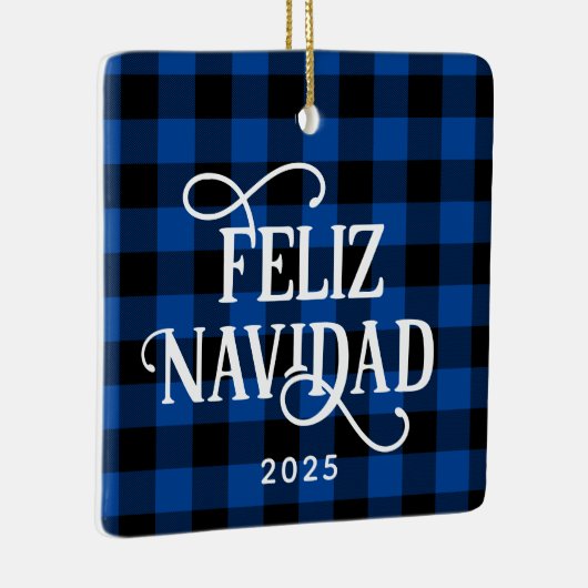 Feliz Navidad Blue Buffalo Plaid Family Photo Keramisch Ornament (Rechts)