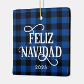Feliz Navidad Blue Buffalo Plaid Family Photo Keramisch Ornament (Links)