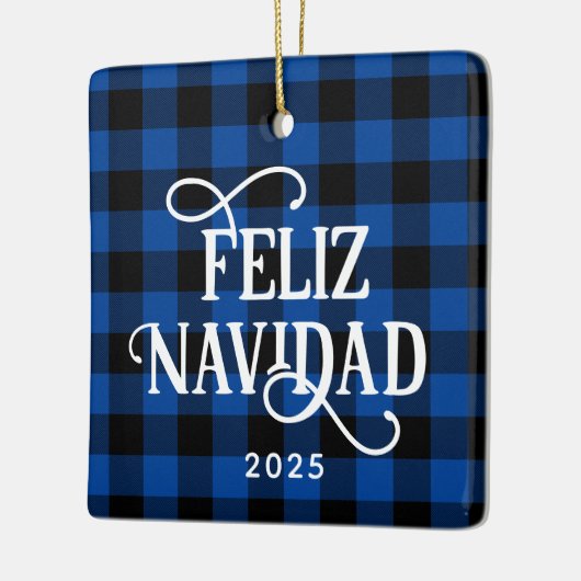 Feliz Navidad Blue Buffalo Plaid Family Photo Keramisch Ornament (Links)