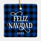 Feliz Navidad Blue Buffalo Plaid Family Photo Keramisch Ornament (Voorkant)