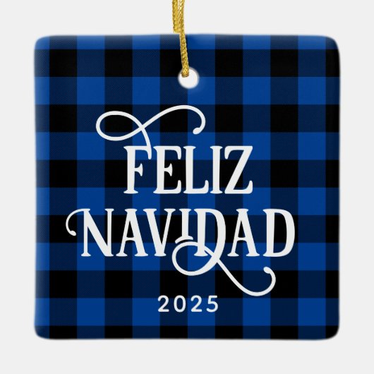 Feliz Navidad Blue Buffalo Plaid Family Photo Keramisch Ornament (Voorkant)