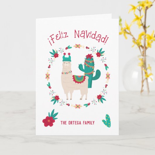 Feliz Navidad Bright en Feestelijke Llama Kerstmis Kaart (Gele Bloem)