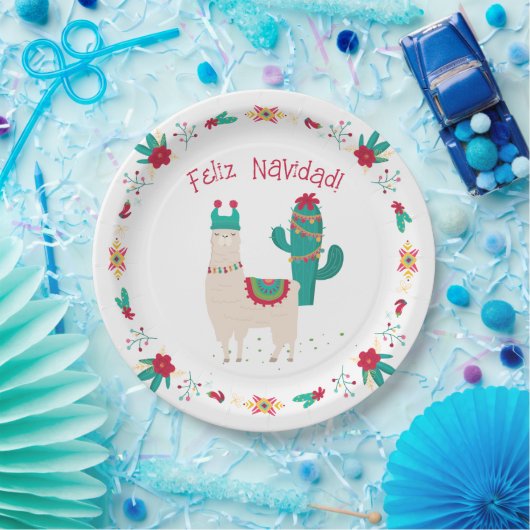Feliz Navidad Bright en Feestelijke Llama Kerstmis Papieren Bordje (Feest)