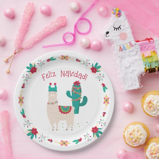 Feliz Navidad Bright en Feestelijke Llama Kerstmis Papieren Bordje (Feest)