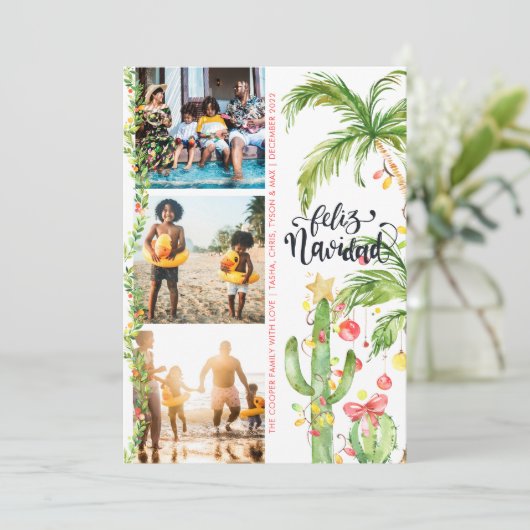 Feliz Navidad | Cactus-kerstfotocollage Feestdagenkaart (Staand voorkant)