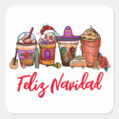 Feliz Navidad Cactus Kerstkoffie Drink Vierkante Sticker (Voorkant)