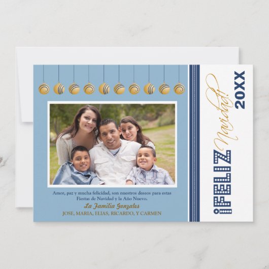 Feliz Navidad Custom Family Holiday Card (blauw) Kaart (Voorkant)