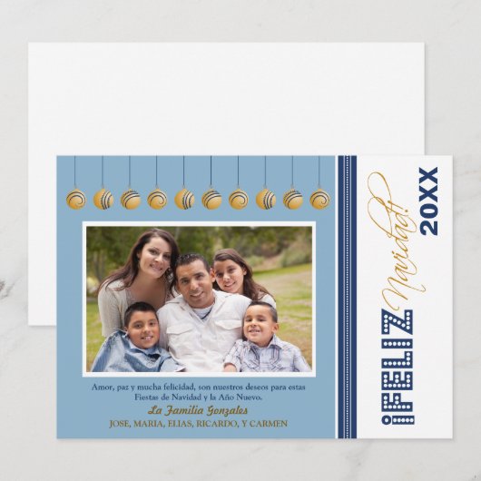 Feliz Navidad Custom Family Holiday Card (blauw) Kaart (Voorkant / Achterkant)