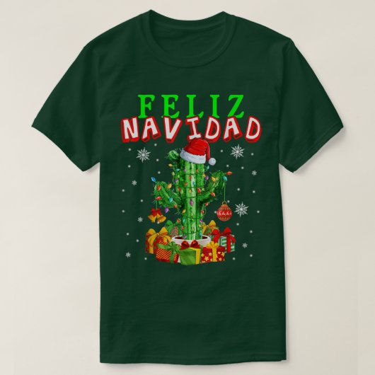 Feliz Navidad Cute kerstlampjes Santa Cactus S T-shirt (Design voorkant)