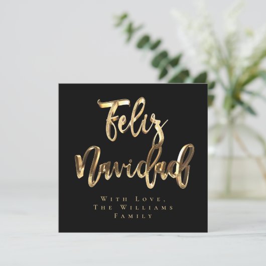 Feliz Navidad Elegant Black en Gold Script Chic Feestdagenkaart (Staand voorkant)