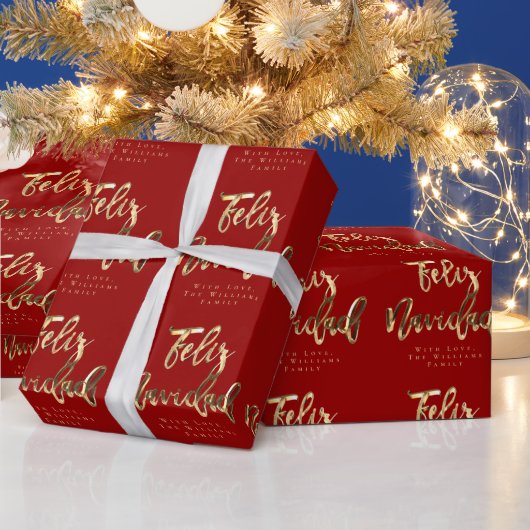 Feliz Navidad Elegant Red- en Gold-script Cadeaupapier (Feestdagen)