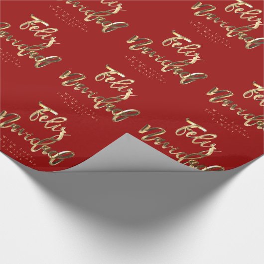 Feliz Navidad Elegant Red- en Gold-script Cadeaupapier (Hoek)