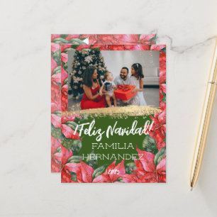 Feliz Navidad Familie Foto Waterverf Poinsettia Feestdagenkaart
