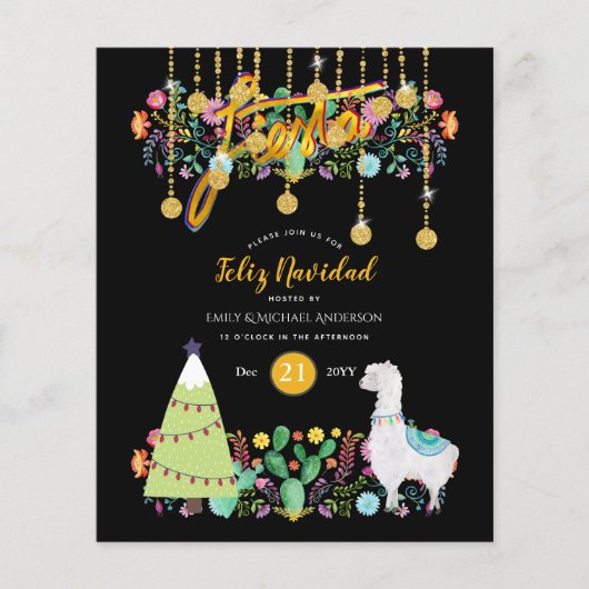 Feliz Navidad Feest Uitnodiging Folk Bloem BUDGET (Voorkant)