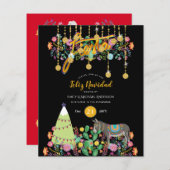 Feliz Navidad Feest Uitnodiging Folk Bloemen Ezel (Voorkant / Achterkant)