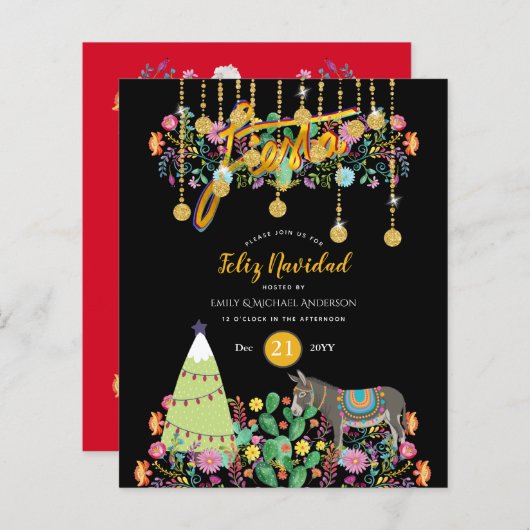 Feliz Navidad Feest Uitnodiging Folk Bloemen Ezel (Voorkant / Achterkant)