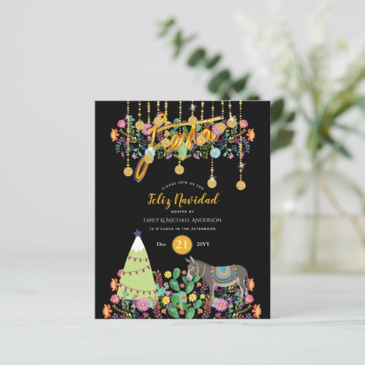 Feliz Navidad Feest Uitnodiging Folk Bloemen Ezel (Staand voorkant)