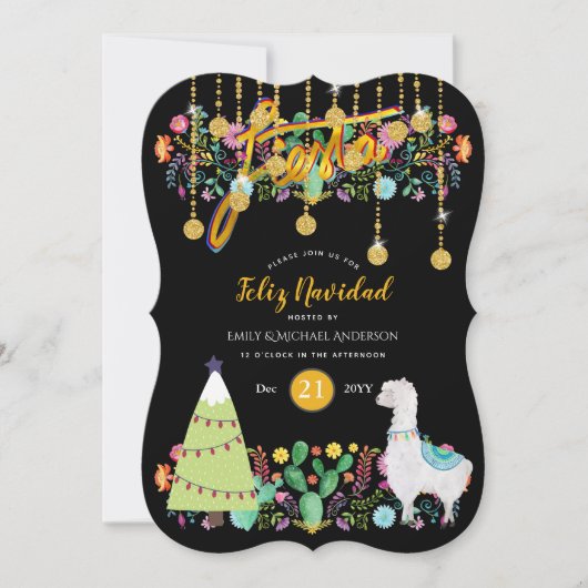 Feliz Navidad Feest Uitnodiging Folk Bloemen Lama (Voorkant)