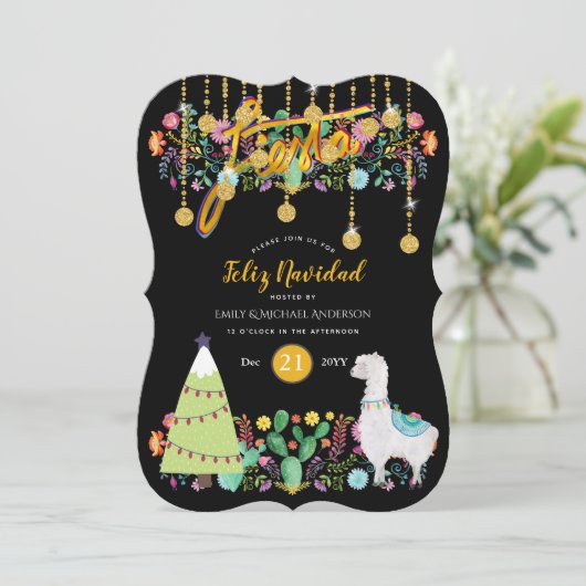 Feliz Navidad Feest Uitnodiging Folk Bloemen Lama (Staand voorkant)