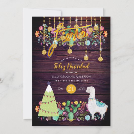 Feliz Navidad Feest Uitnodiging Folk Bloemen Lama (Voorkant)