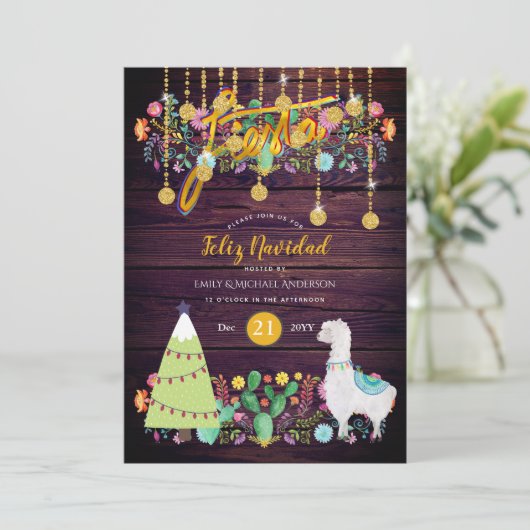 Feliz Navidad Feest Uitnodiging Folk Bloemen Lama (Staand voorkant)