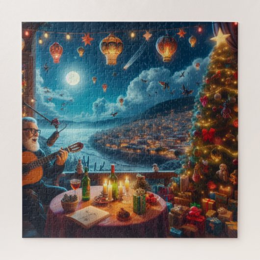 Feliz Navidad Feestelijke Gitaarspeler Kuststad Legpuzzel (Verticaal)