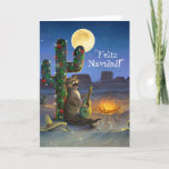 Feliz Navidad Festive Funny Cat Kerstmis Feestdagen Kaart<br><div class="desc">Creëer uw eigen persoonlijke feestelijke, grappige kerstkaarten op een leuke DIY-sjabloon deze vakantietijd... De unieke afbeelding die Raphaela Wilson schildert, toont een bruine en zwarte Bengale kat die een Spaanse gitaar speelt naast een cactus met kleurrijke groene, witte en rode kerstlichten. De prachtige woestijnnachtkunst is gloeiend met twinkelende sterren en...</div>