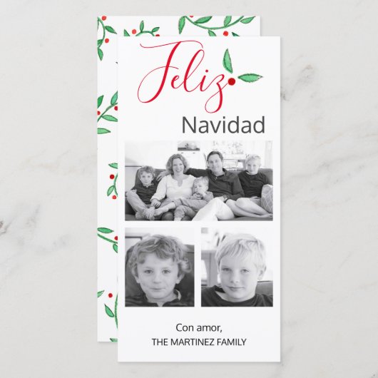 Feliz Navidad Festive Holly Drie foto's Feestdagenkaart (Voorkant / Achterkant)