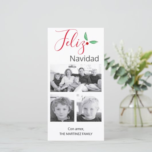 Feliz Navidad Festive Holly Drie foto's Feestdagenkaart (Staand voorkant)