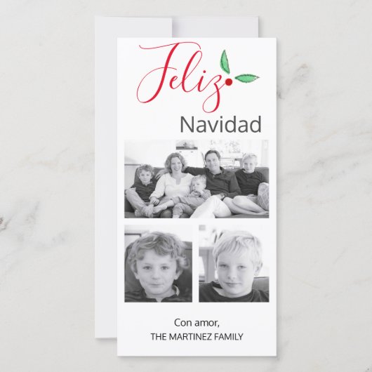 Feliz Navidad Festive Holly Drie foto's Feestdagenkaart (Voorkant)