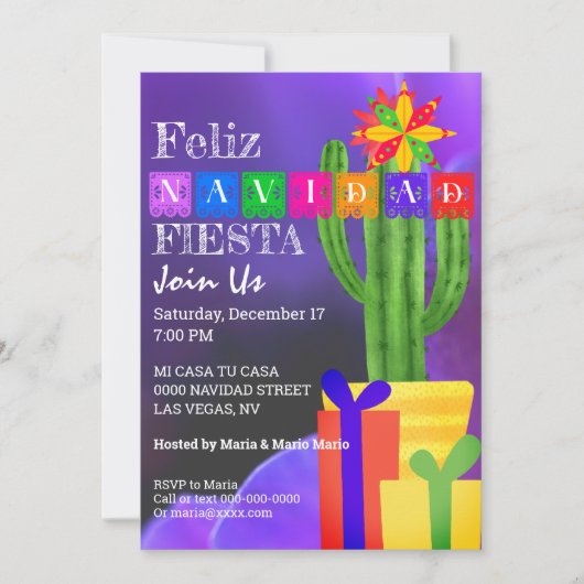 Feliz Navidad Fiesta Green Cactus op Paars Kaart (Voorkant)